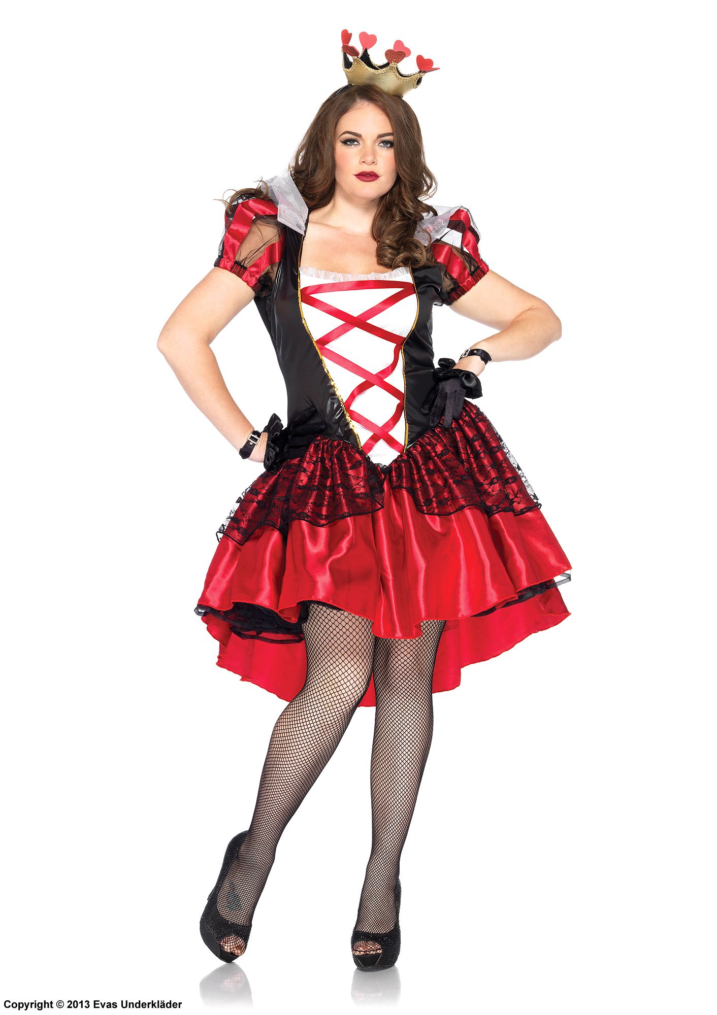 Rote Königin aus Alice im Wunderland, Kostüm-Kleid, Schnürung, Spitzenüberzug, Puffärmel, XL bis 4XL